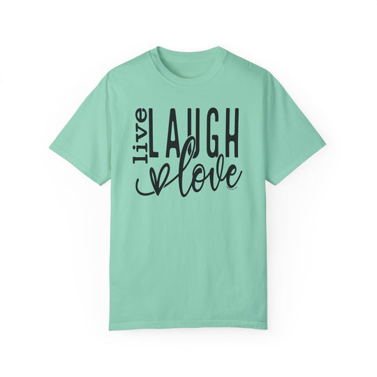 A ring-spun cotton Live Laugh Love Tee, garment-dyed for extra coziness. Relaxed fit, double-needle stitching for durability, and seamless design for a tubular shape. From Worlds Worst Tees.