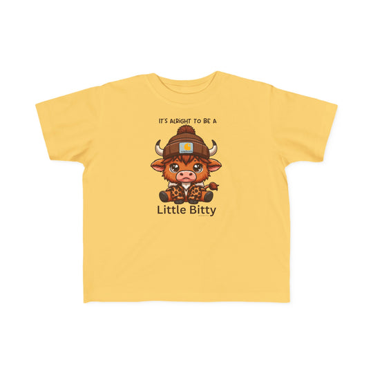 Little Bitty Toddler Tee featuring a cartoon cow design on soft yellow fabric. 100% combed ringspun cotton, light 4.5 oz/yd² fabric, tear-away label, classic fit. Sizes: 2T, 3T, 4T, 5-6T.