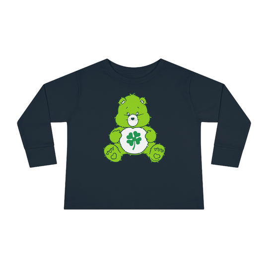 A Lucky Bear Toddler Long Sleeve Tee featuring a green bear with a clover design. Made of 100% combed ringspun cotton, with topstitched ribbed collar for durability and EasyTear™ label for sensitive skin.