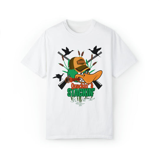 A white t-shirt featuring a duck wearing a hat, part of the Quackin' and Stackin' Tee collection by Worlds Worst Tees. Unisex, relaxed fit, 80% ring-spun cotton, 20% polyester. Sizes S to 4XL.