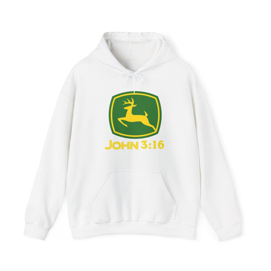John 3:16 Hoodie with green and yellow leaping deer graphic, featuring a kangaroo pocket and color-matched drawstring for a cozy, stylish fit.