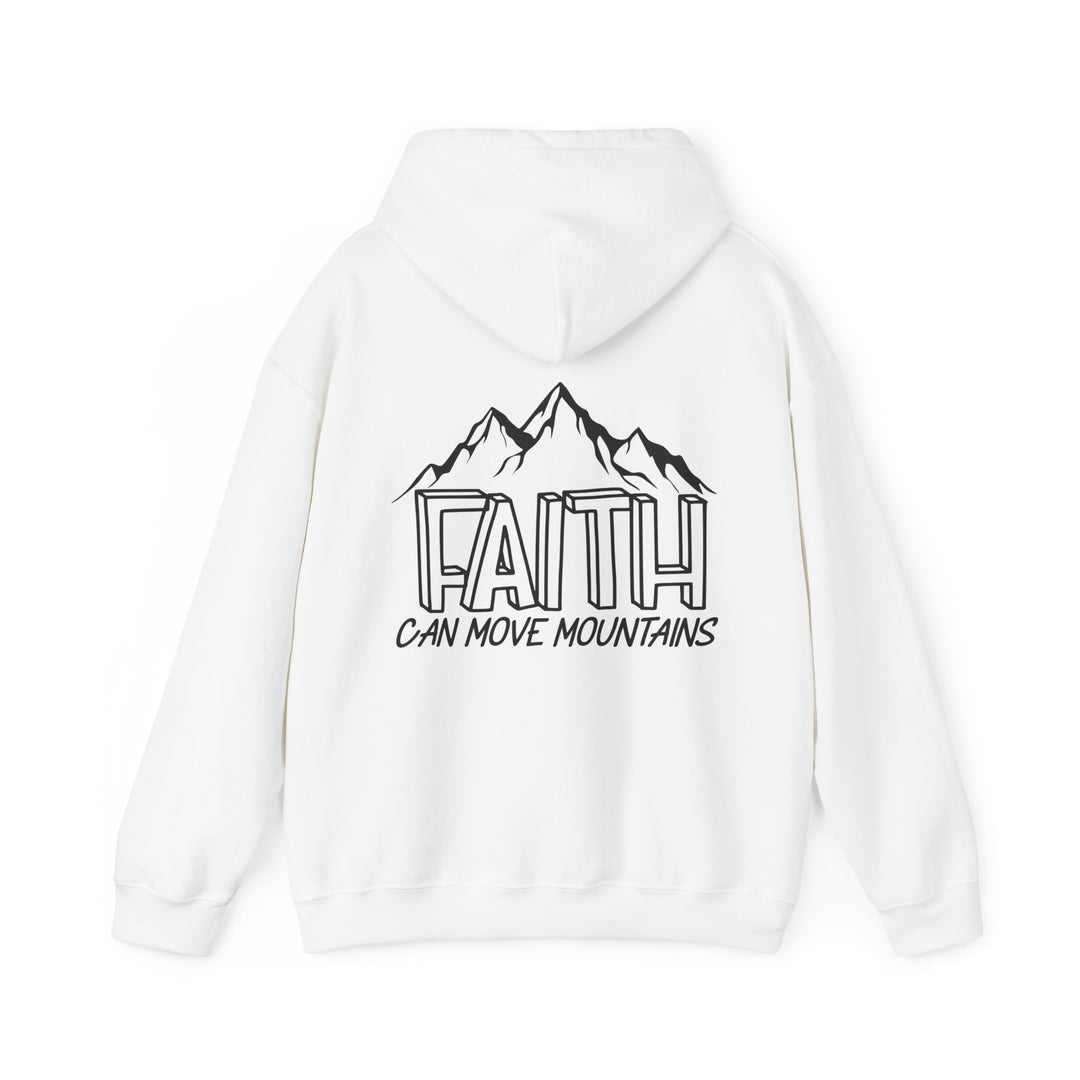 A white Faith Can Move Mountains hoodie, featuring a logo with mountains. Unisex heavy blend, cotton-polyester fabric for warmth and comfort. Kangaroo pocket and matching drawstring for style.