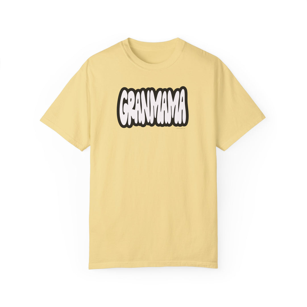 A Grandmama Tee, a yellow t-shirt with white text, 100% ring-spun cotton, medium weight, relaxed fit, double-needle stitching for durability, no side-seams for tubular shape.