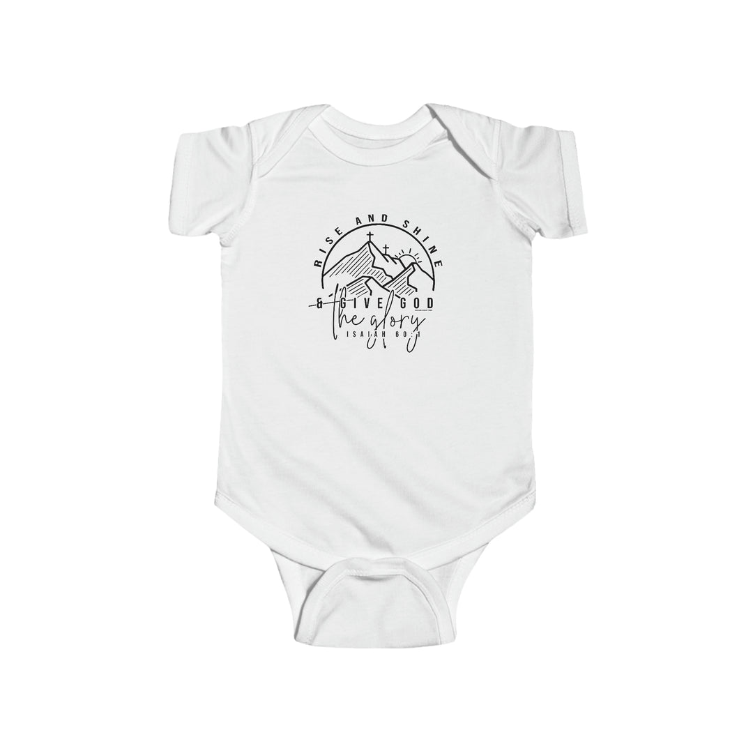 A white baby bodysuit featuring a mountain logo, perfect for little adventurers. Made of 100% combed ringspun cotton, with ribbed knitting for durability and easy plastic snaps for changing. From 'Worlds Worst Tees'.