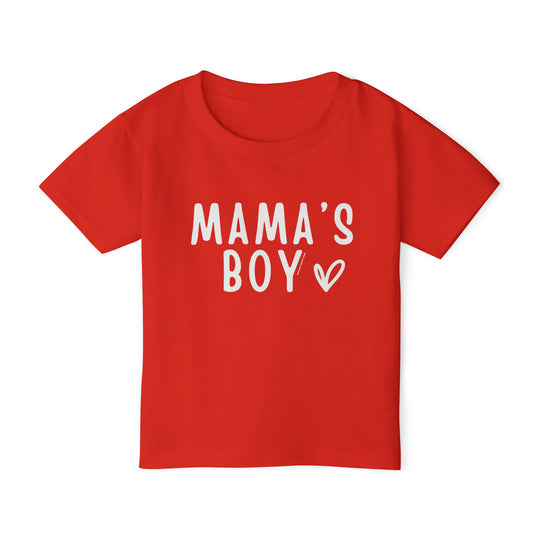 Toddler tee with white text reading Mama's Boy on a red shirt. Made of 100% cotton for softness and comfort. Classic fit with rib collar. Sizes from 2T to 6T.