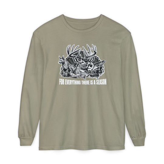 For Everything There is a Season Long Sleeve Tee featuring a wildlife-themed print with a buck, fox, fish, and duck wings, emphasizing a relaxed, casual fit.