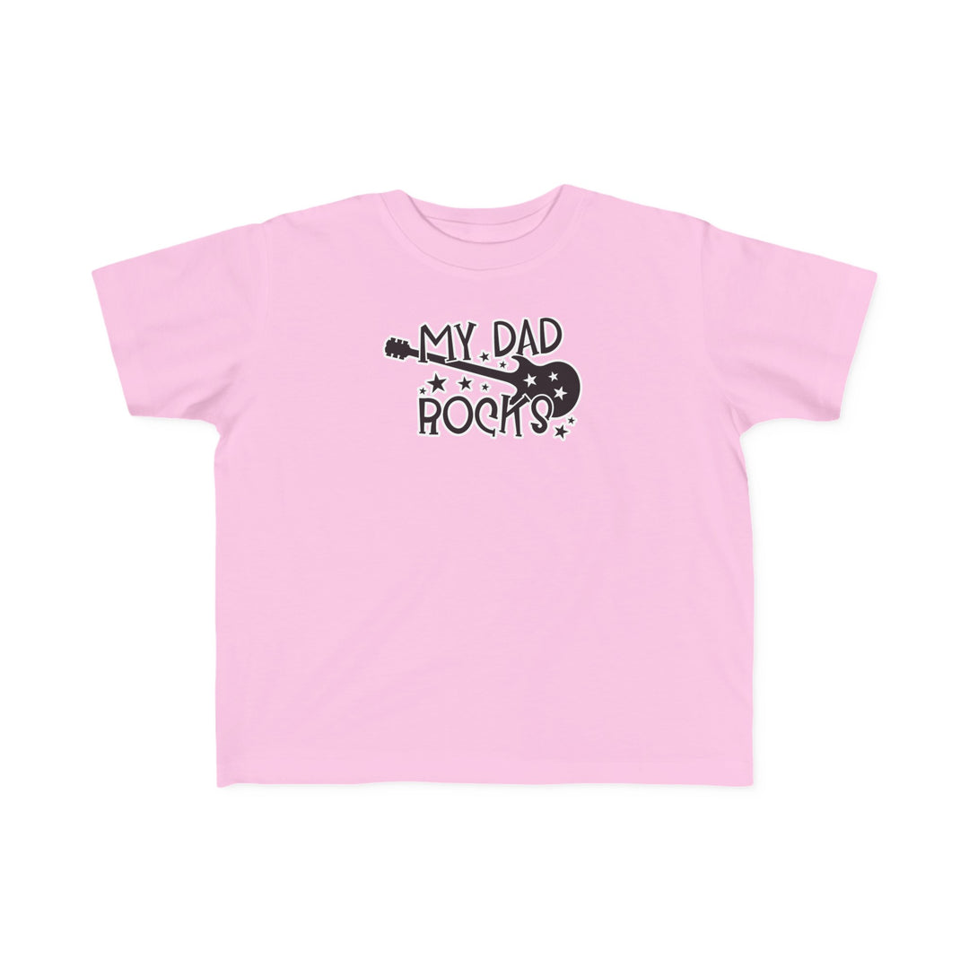 A toddler tee featuring My Dad Rocks design, ideal for sensitive skin. Made of 100% combed ringspun cotton, light fabric, tear-away label, and a classic fit. Perfect for little adventurers.