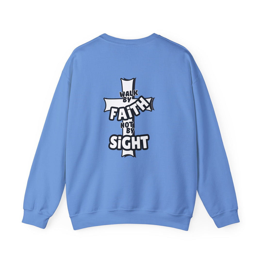 A unisex heavy blend crewneck sweatshirt featuring Walk By Faith Not By Sight text. Comfortable, medium-heavy fabric with ribbed knit collar, no itchy side seams. 50% Cotton 50% Polyester, loose fit, true to size.