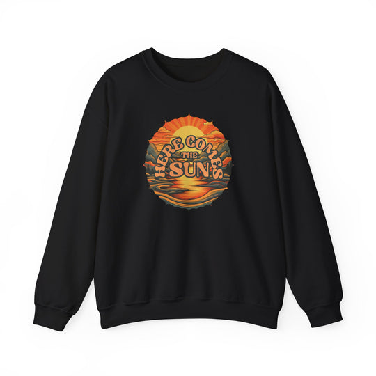 A black crewneck sweatshirt featuring a sun and mountain graphic design. Unisex heavy blend for ultimate comfort, ribbed knit collar, and no itchy side seams. Ideal for any occasion. From 'Worlds Worst Tees'.