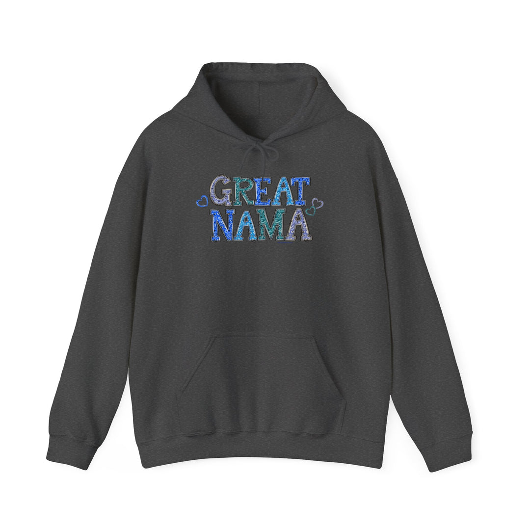 A Great Nama Hoodie, a black unisex heavy blend sweatshirt with kangaroo pocket and matching drawstring, ideal for cold days. 50% cotton, 50% polyester, classic fit, tear-away label.