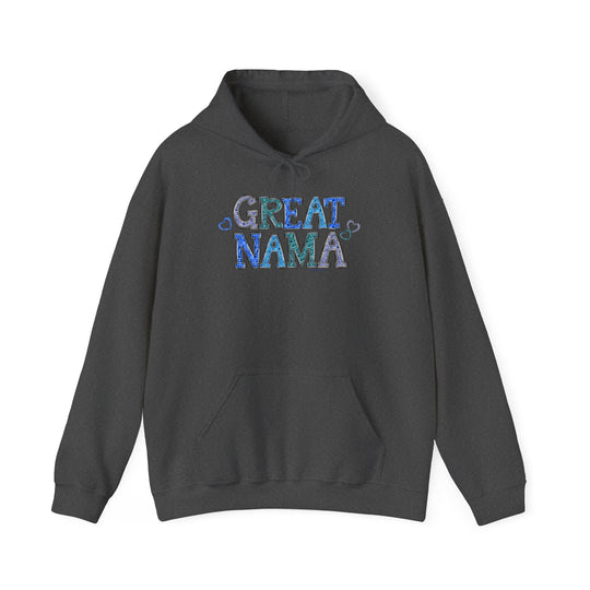 A Great Nama Hoodie, a black unisex heavy blend sweatshirt with kangaroo pocket and matching drawstring, ideal for cold days. 50% cotton, 50% polyester, classic fit, tear-away label.