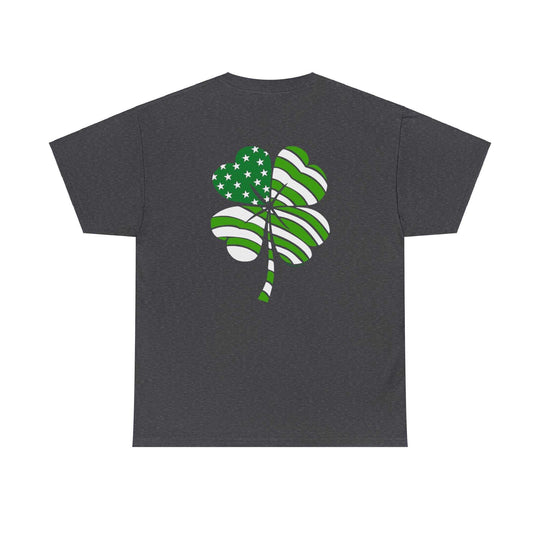 Unisex USA Clover Tee with a green and white clover design on a grey shirt. Heavy cotton fabric, no side seams, ribbed knit collar, and durable tape on shoulders. Classic fit, 100% cotton.