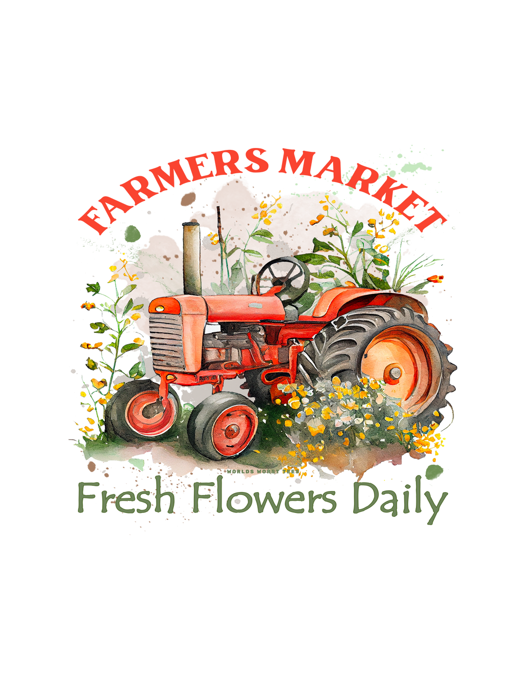 A relaxed fit Fresh Flowers Tee in ring-spun cotton, featuring a red tractor with flowers watercolor design. Garment-dyed for coziness, with double-needle stitching for durability. From Worlds Worst Tees.