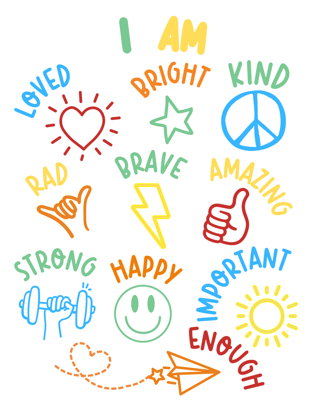 I AM Baby Tee featuring vibrant affirmations with symbols, promoting positivity and style for toddlers. Super soft, durable, perfect for early steps.