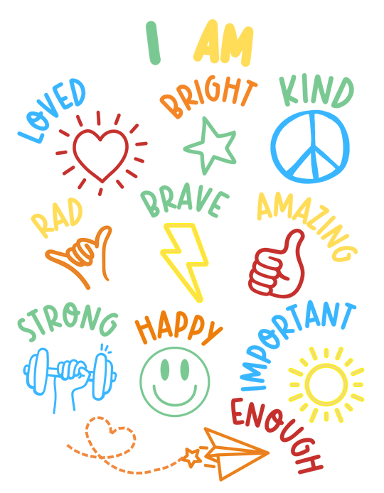 I AM Baby Tee featuring vibrant affirmations with symbols, promoting positivity and style for toddlers. Super soft, durable, perfect for early steps.