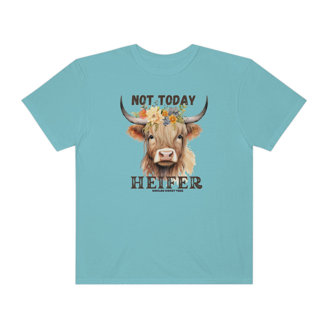 A relaxed fit Not Today Heifer Tee in blue, featuring a cow with flowers design on soft ring-spun cotton. Garment-dyed for coziness, durable with double-needle stitching, and seamless for a tubular shape.