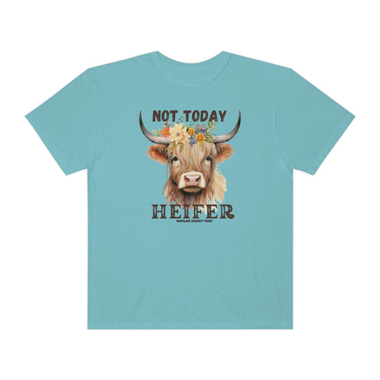 A relaxed fit Not Today Heifer Tee in blue, featuring a cow with flowers design on soft ring-spun cotton. Garment-dyed for coziness, durable with double-needle stitching, and seamless for a tubular shape.