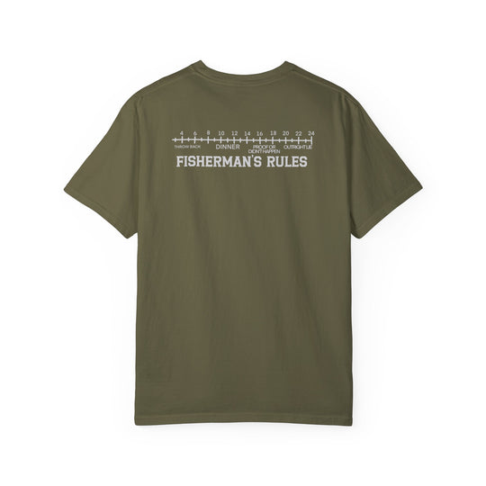 Alt text: Lucky Bones Fishing Club Tee, a back view of a green t-shirt with text, made from 100% ring-spun cotton. Relaxed fit, double-needle stitching, no side-seams for durability and comfort.