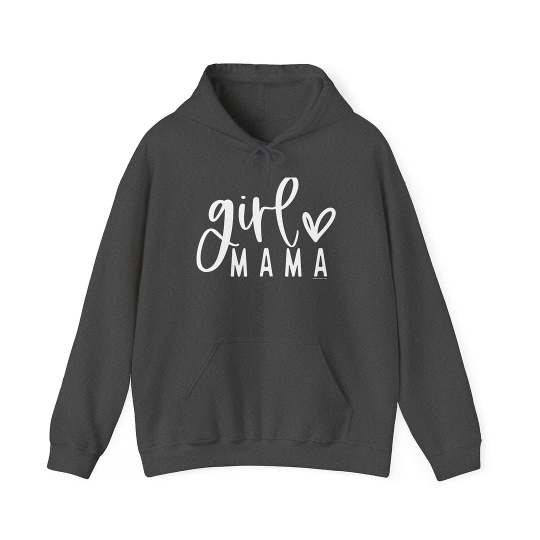A cozy Girl Mama Hoodie in black, featuring white text. Unisex heavy blend with kangaroo pocket, drawstring hood, and cotton-polyester fabric for warmth and comfort. Ideal for chilly days.