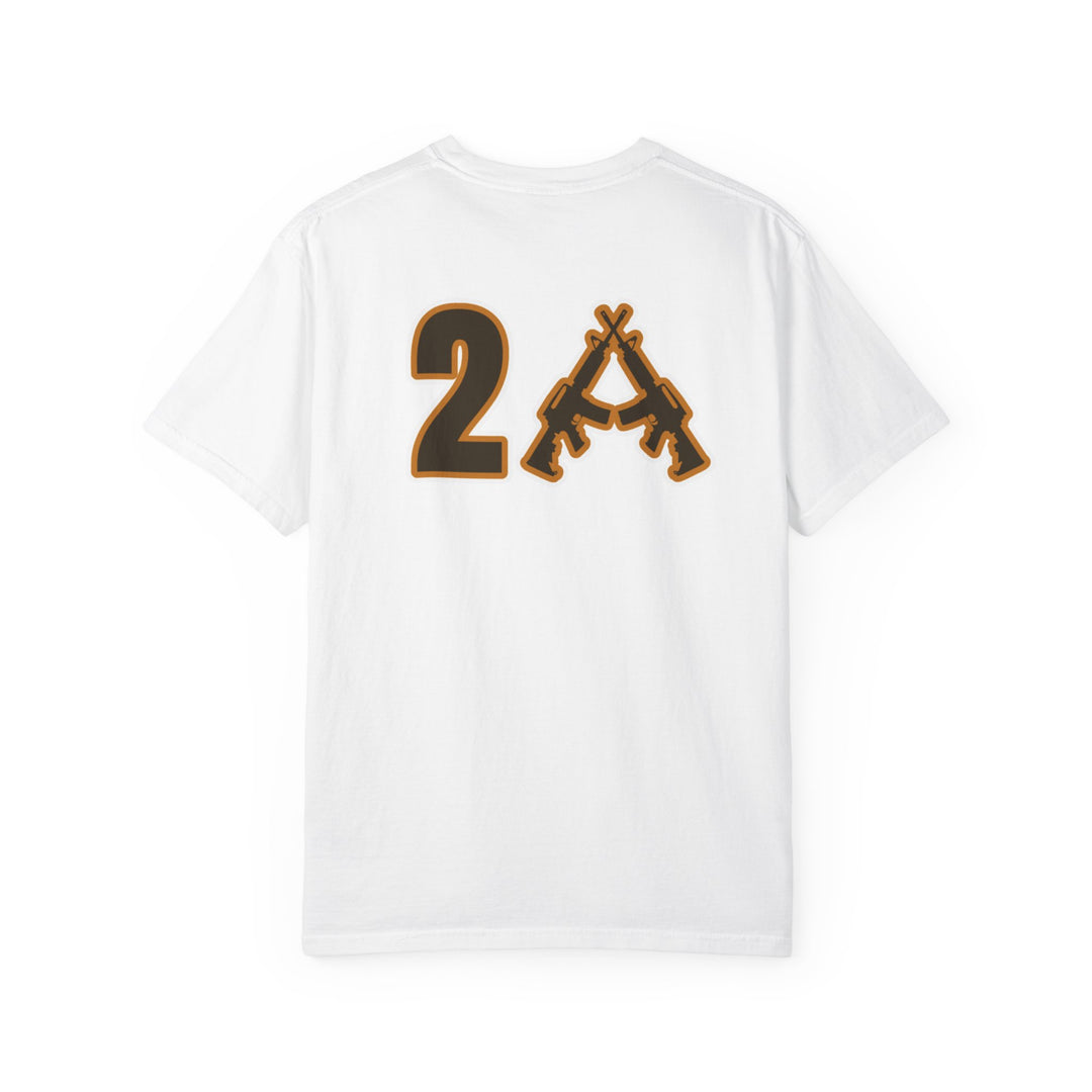 Back of 2A Tee featuring a bold graphic with a large 2 and two crossed rifles, representing Second Amendment, on a plain white T-shirt.