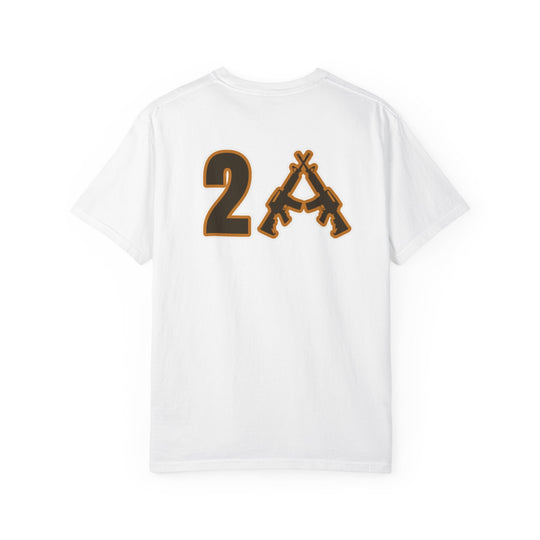 Back of 2A Tee featuring a bold graphic with a large 2 and two crossed rifles, representing Second Amendment, on a plain white T-shirt.