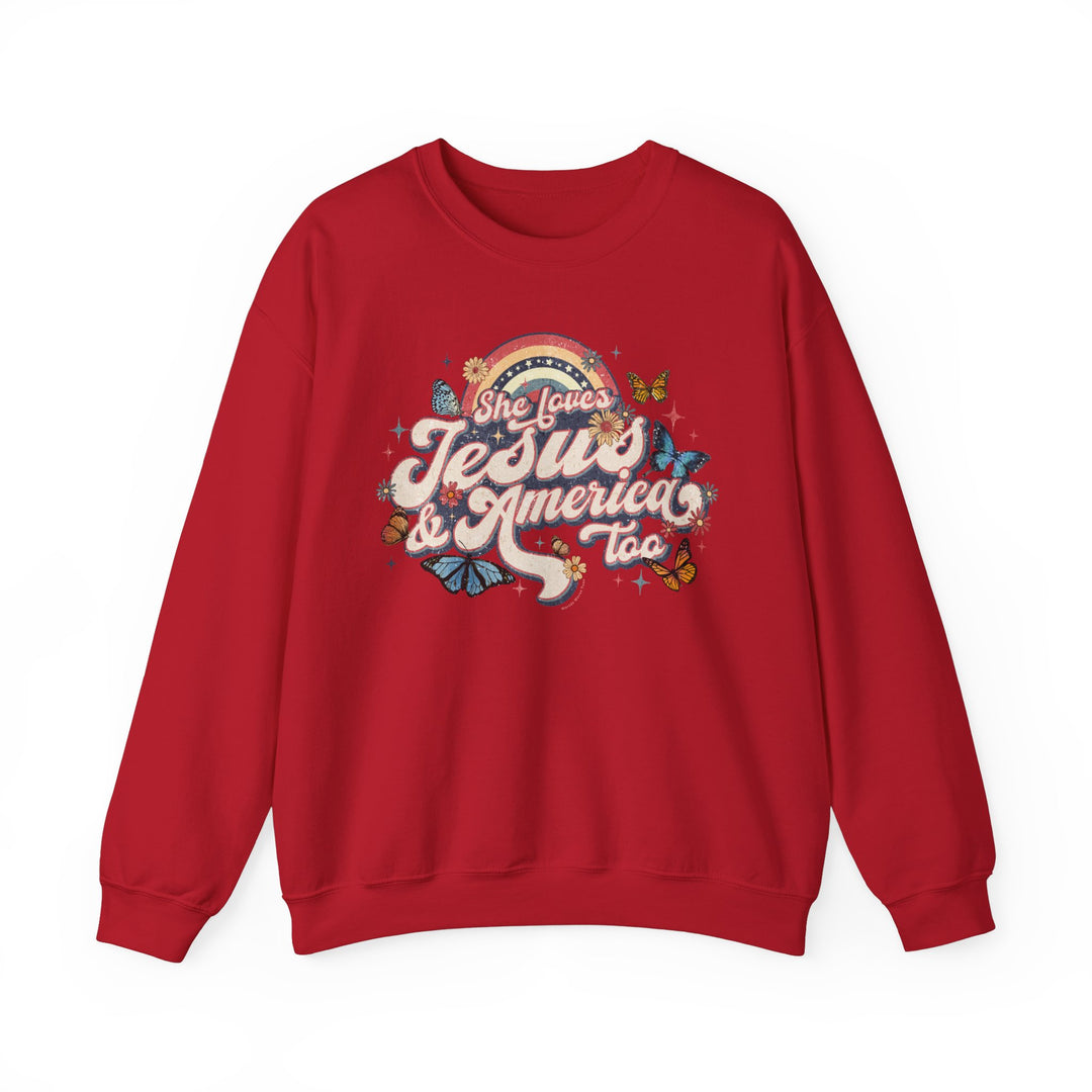 A red crewneck sweatshirt with She Loves Jesus and America graphic design. Unisex heavy blend, ribbed knit collar, no itchy side seams. Medium-heavy fabric, 50% Cotton 50% Polyester. Ideal for comfort.