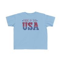 A USA-made toddler tee with a durable print, perfect for sensitive skin. 100% combed ringspun cotton, light fabric, tear-away label, classic fit. Sizes: 2T, 3T, 4T, 5-6T.