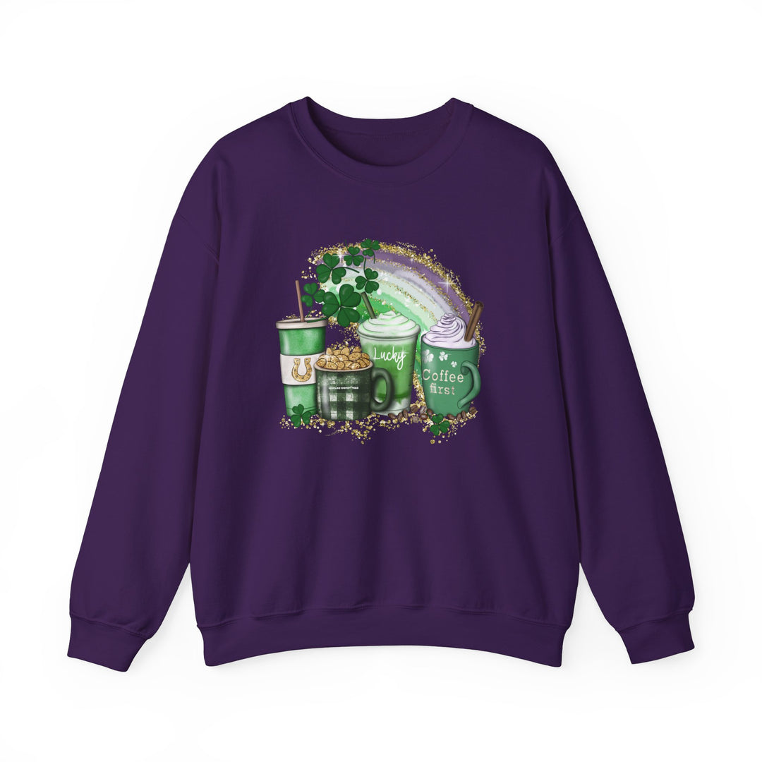 Unisex Lucky Coffee Crew sweatshirt featuring a rainbow and coffee cups design. Comfortable blend of polyester and cotton, ribbed knit collar, loose fit, and no itchy side seams. Perfect for casual wear.
