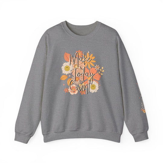 A grey sweatshirt with floral design, ideal for comfort in any situation. Unisex heavy blend crewneck with ribbed knit collar, no itchy side seams. 50% cotton, 50% polyester, loose fit, medium-heavy fabric. Make Today Count Crew from Worlds Worst Tees.
