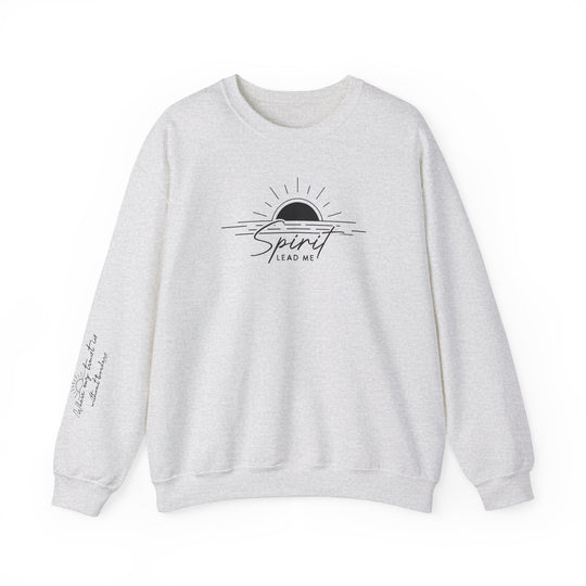 A white Spirit Lead Me Crew sweatshirt with a logo featuring a sun and water, made of a cozy 50% cotton and 50% polyester blend. Ribbed knit collar, classic fit, and double-needle stitching for durability.