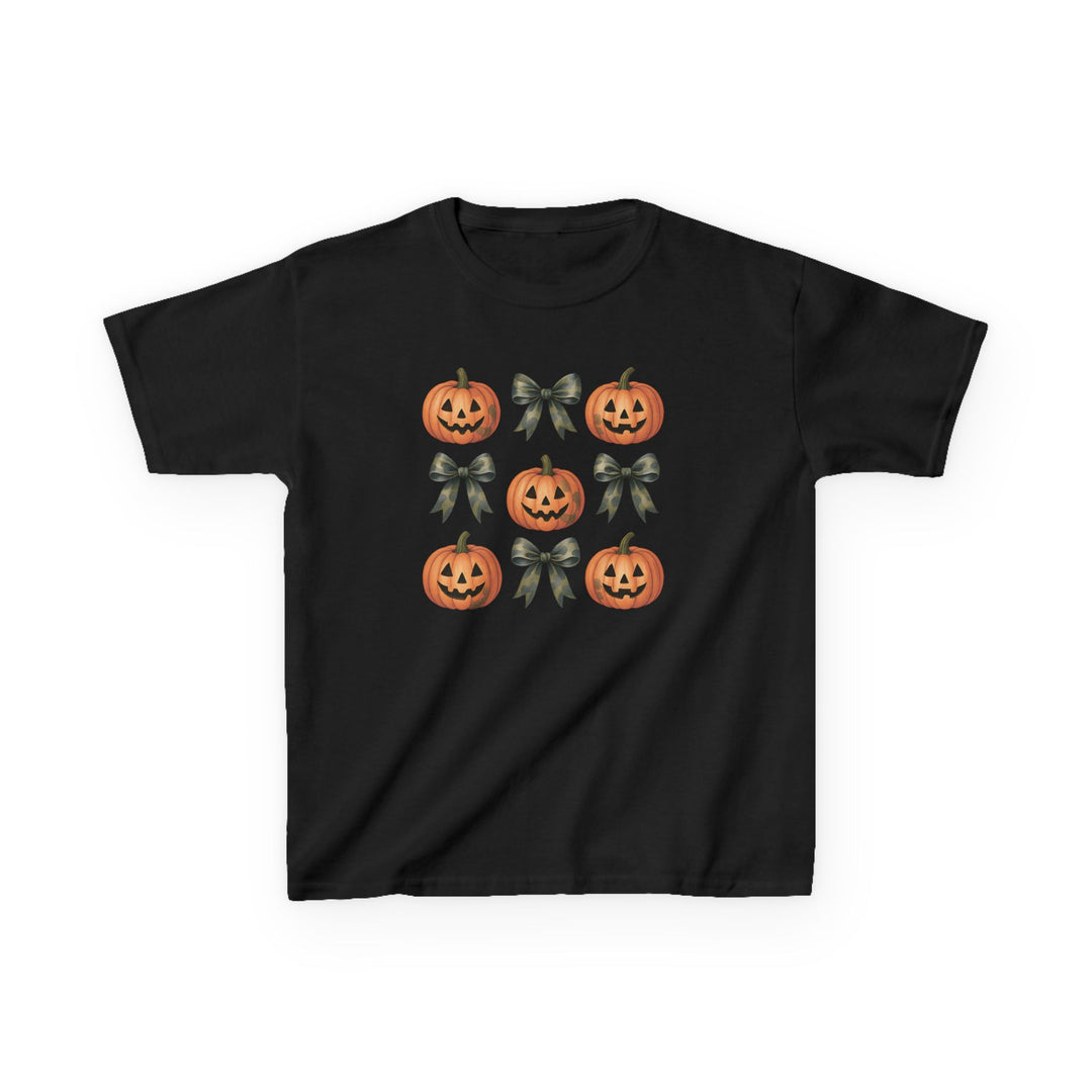 Black Jack and Bow Kids Tee featuring a 3x3 grid of alternating jack-o’-lanterns and decorative bows, perfect for Halloween-themed everyday wear.