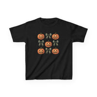 Black Jack and Bow Kids Tee featuring a 3x3 grid of alternating jack-o’-lanterns and decorative bows, perfect for Halloween-themed everyday wear.