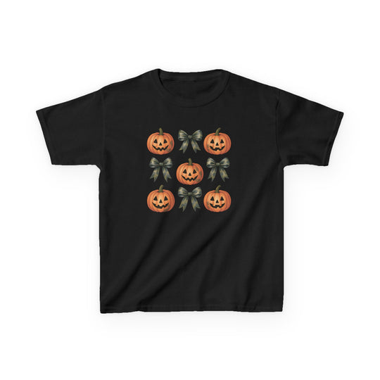 Black Jack and Bow Kids Tee featuring a 3x3 grid of alternating jack-o’-lanterns and decorative bows, perfect for Halloween-themed everyday wear.