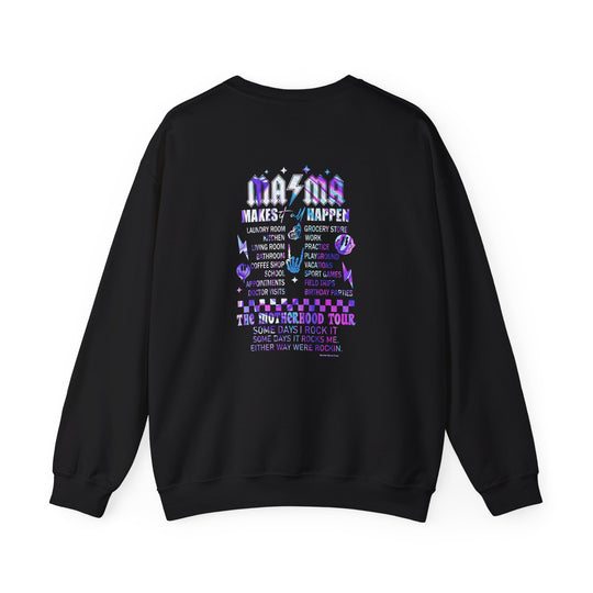 Unisex Ma/Ma Band Crew sweatshirt in black with purple and white design. Polyester and cotton blend, ribbed knit collar, no itchy side seams. Medium-heavy fabric, loose fit, true to size.