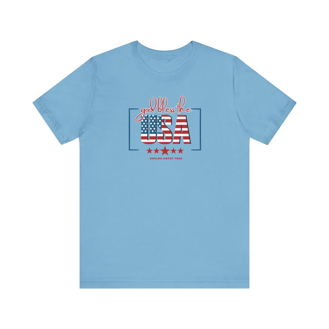 Unisex jersey tee featuring God Bless the USA print. 100% Airlume combed cotton, retail fit. Ribbed knit collar, taping on shoulders, dual side seams for durability. Sizes XS-3XL.