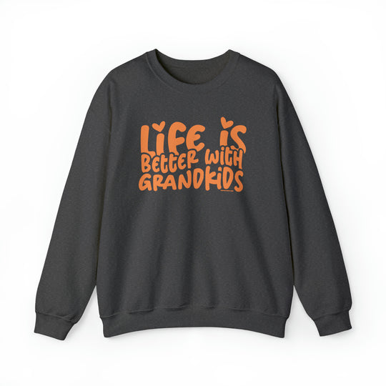 A unisex heavy blend crewneck sweatshirt featuring Life is Better With Grandkids text. Made of 50% cotton, 50% polyester, with ribbed knit collar, loose fit, and sewn-in label. Sizes from S to 5XL.