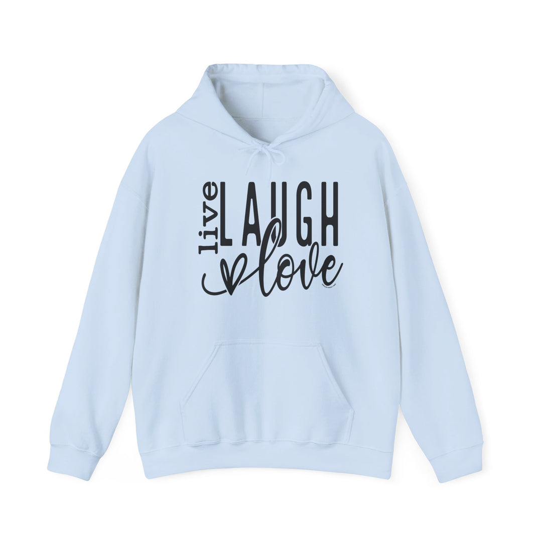 A cozy Live Laugh Love Hoodie in light blue with black text, featuring a kangaroo pocket and matching drawstring. Unisex, 50% cotton, 50% polyester blend for warmth and comfort. Perfect for chilly days.