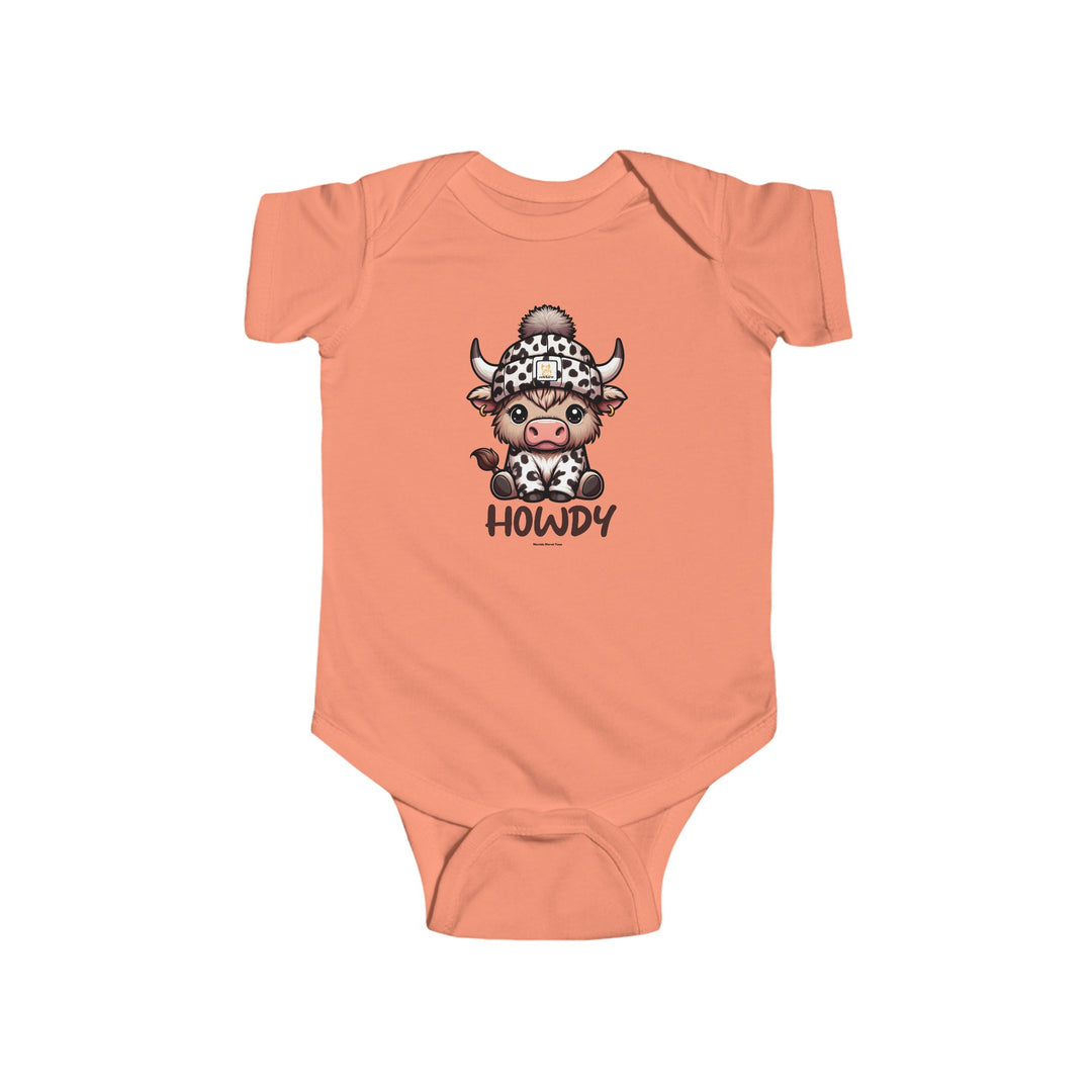 A baby bodysuit featuring a cow wearing a hat, part of the Howdy Onesie collection at Worlds Worst Tees. Made of 100% cotton, with ribbed bindings and plastic snaps for easy changing access.