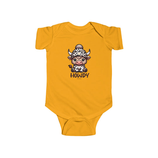 Infant fine jersey bodysuit featuring a cartoon cow design, ideal for easy changing with plastic snaps. Made of 100% cotton for durability and softness. From 'Worlds Worst Tees'.
