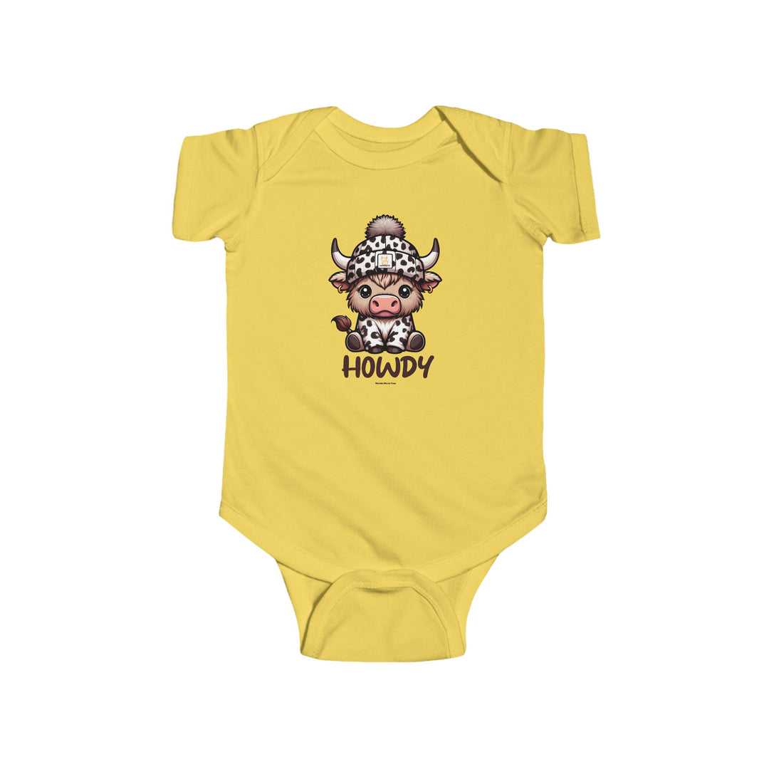 Infant fine jersey bodysuit featuring a cartoon cow with a hat, titled Howdy Onesie. Made of 100% cotton, light fabric, with ribbed knitting for durability and plastic snaps for easy changing access. Sizes range from NB to 24M.