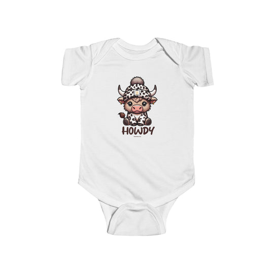 A white baby bodysuit featuring a cartoon cow with a hat, part of the Howdy Onesie collection at Worlds Worst Tees. Made of 100% cotton, with ribbed bindings and plastic snaps for easy changing.