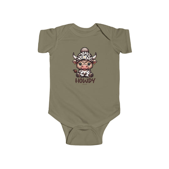 A baby bodysuit featuring a cartoon cow wearing a hat, part of the Howdy Onesie collection at Worlds Worst Tees. Made of 100% cotton, with ribbed knitting for durability and easy snap closure.