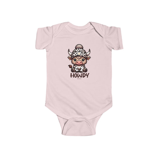 Infant fine jersey bodysuit featuring a cartoon cow with a hat, part of the Howdy Onesie collection at Worlds Worst Tees. Made of 100% cotton, with ribbed bindings and plastic snaps for easy changing access.