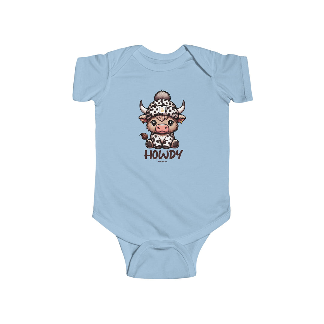 A baby bodysuit featuring a cow wearing a hat, ideal for infants. Made of 100% cotton, with ribbed bindings and plastic snaps for easy changes. From 'Worlds Worst Tees'.