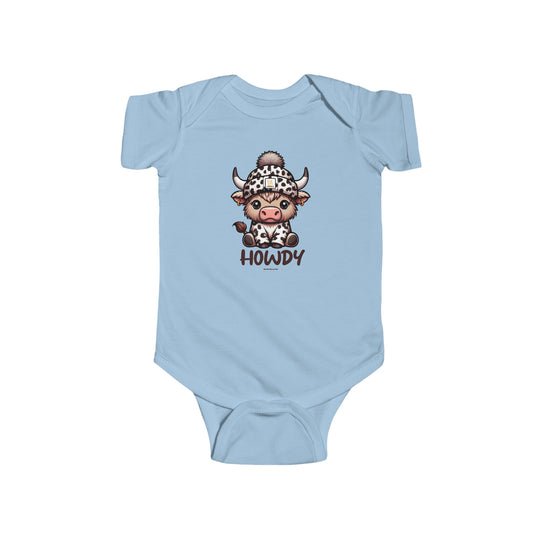 A baby bodysuit featuring a cow wearing a hat, ideal for infants. Made of 100% cotton, with ribbed bindings and plastic snaps for easy changes. From 'Worlds Worst Tees'.