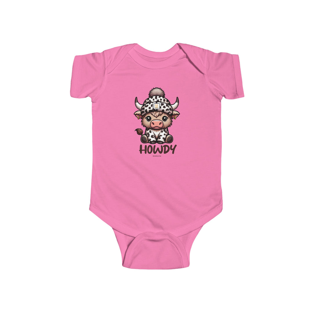 A pink baby bodysuit featuring a cow design, part of the Howdy Onesie collection at Worlds Worst Tees. Made of 100% cotton, with ribbed bindings for durability and plastic snaps for easy changing access.