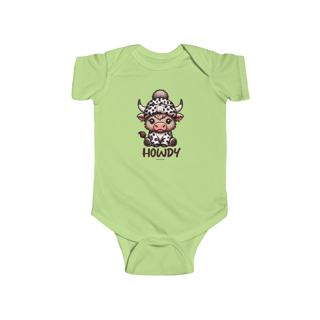 Infant green bodysuit featuring a cow cartoon. Durable 100% cotton fabric with ribbed knit bindings and plastic snaps for easy changing. Title: Howdy Onesie. From Worlds Worst Tees.