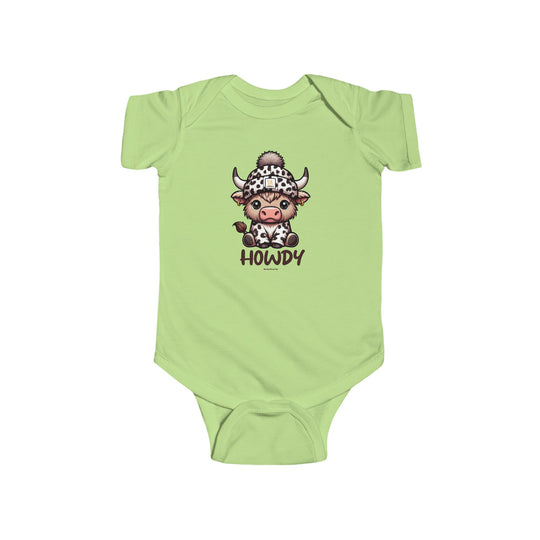 Infant green bodysuit featuring a cow cartoon. Durable 100% cotton fabric with ribbed knit bindings and plastic snaps for easy changing. Title: Howdy Onesie. From Worlds Worst Tees.
