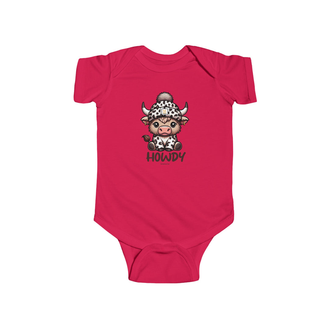 Infant Howdy Onesie with cow design, 100% cotton, ribbed knit bindings, plastic snaps at closure. Durable, soft, light fabric. Sizes: NB-24M. Ideal for easy changing.