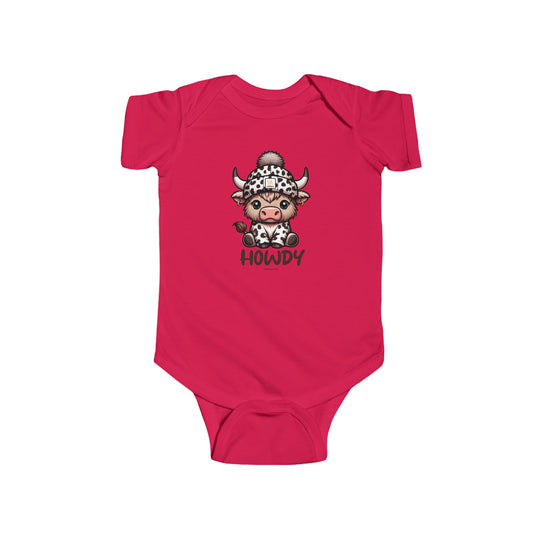 Infant Howdy Onesie with cow design, 100% cotton, ribbed knit bindings, plastic snaps at closure. Durable, soft, light fabric. Sizes: NB-24M. Ideal for easy changing.